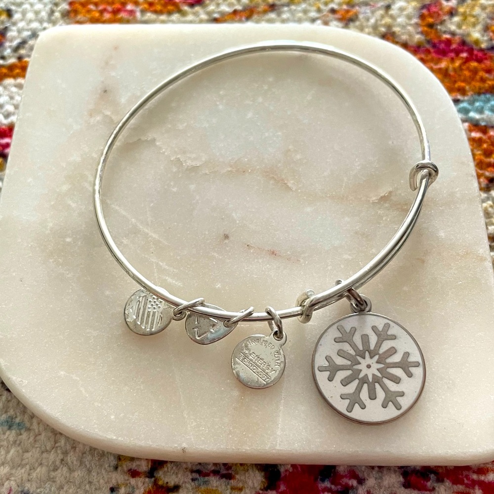 Alex and Ani White Round Snowflake Charm Bracelet in Silver